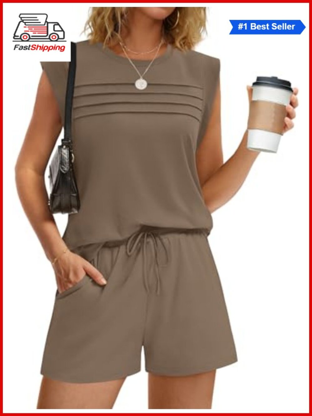 ✨ WIHOLL Two Piece Short Set Ruched Sleeveless Top Drawstring Shorts Pockets